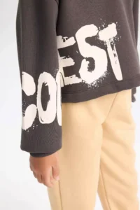 DeFacto Slogan Printed Thick Fabric Anthracite Girls' Sweatshirt D2882A8/AR227 - Image 4