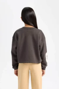 DeFacto Slogan Printed Thick Fabric Anthracite Girls' Sweatshirt D2882A8/AR227 - Image 5