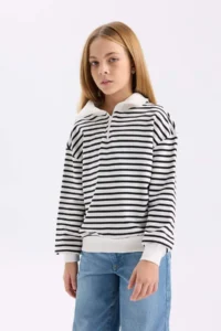 DeFacto Girl's Oversize Wide Fit Half Zipper Striped Sweatshirt