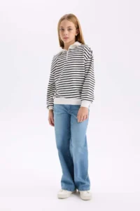 DeFacto Girl's Oversize Wide Fit Half Zipper Striped Sweatshirt - Image 2