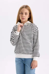 DeFacto Girl's Oversize Wide Fit Half Zipper Striped Sweatshirt - Image 3