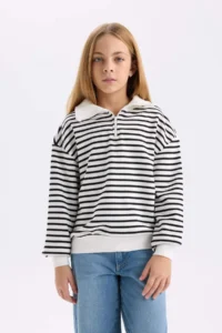 DeFacto Girl's Oversize Wide Fit Half Zipper Striped Sweatshirt - Image 4