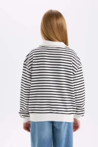 DeFacto Girl's Oversize Wide Fit Half Zipper Striped Sweatshirt - Image 6
