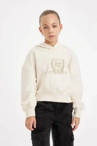 DeFacto Oversize Wide Fit Hooded Embroidered Sweatshirt Girl - Image 3