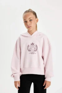 DeFacto Oversize Wide Fit Hooded Embroidered Sweatshirt Girl - Image 3