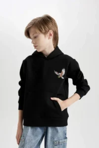 DeFacto Printed Hooded Black Sweatshirt Boy