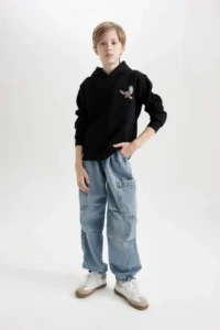 DeFacto Printed Hooded Black Sweatshirt Boy - Image 2