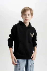 DeFacto Printed Hooded Black Sweatshirt Boy - Image 3