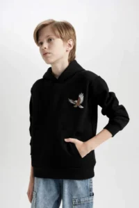 DeFacto Printed Hooded Black Sweatshirt Boy - Image 4