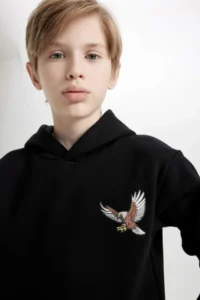 DeFacto Printed Hooded Black Sweatshirt Boy - Image 5