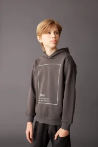 DeFacto Anthracite Hooded Printed Sweatshirt Boy
