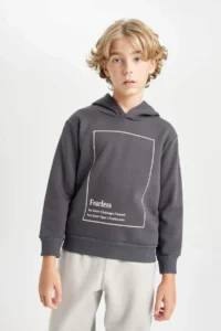 DeFacto Anthracite Hooded Printed Sweatshirt Boy - Image 4
