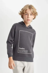 DeFacto Anthracite Hooded Printed Sweatshirt Boy - Image 6