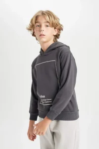 DeFacto Anthracite Hooded Printed Sweatshirt Boy - Image 7
