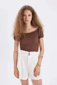 DeFacto Fitted Off Shoulder Wrinkled Short Sleeve T-Shirt - Image 5