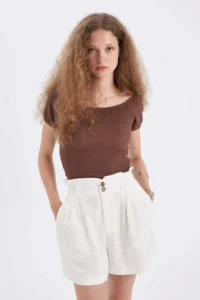 DeFacto Fitted Off Shoulder Wrinkled Short Sleeve T-Shirt - Image 6