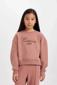 DeFacto Crew Neck Printed Thessaloniki Fabric Dusty Rose Girl's Sweatshirt D4295A8/BR165 - Image 4