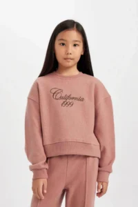 DeFacto Crew Neck Printed Thessaloniki Fabric Dusty Rose Girl's Sweatshirt D4295A8/BR165 - Image 5