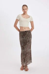 DeFacto A-Line Leopard Patterned High Waist Cotton Lined Tulle Maxi Skirt - Image 2