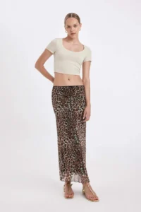 DeFacto A-Line Leopard Patterned High Waist Cotton Lined Tulle Maxi Skirt - Image 3