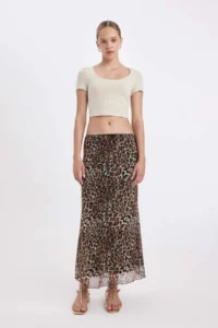 DeFacto A-Line Leopard Patterned High Waist Cotton Lined Tulle Maxi Skirt - Image 4