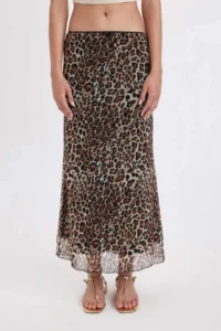 DeFacto A-Line Leopard Patterned High Waist Cotton Lined Tulle Maxi Skirt - Image 5