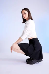 DeFacto High Waist Basic Straight Belted Pleated Black Mini Skirt - Image 3