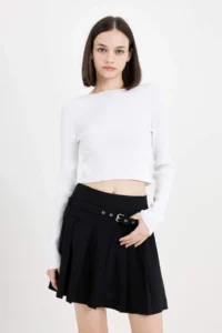 DeFacto High Waist Basic Straight Belted Pleated Black Mini Skirt - Image 5