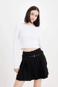 DeFacto High Waist Basic Straight Belted Pleated Black Mini Skirt - Image 6