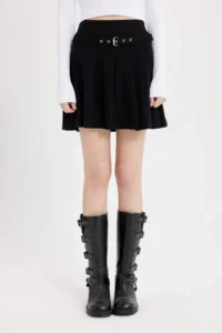 DeFacto High Waist Basic Straight Belted Pleated Black Mini Skirt - Image 7