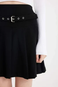 DeFacto High Waist Basic Straight Belted Pleated Black Mini Skirt - Image 8