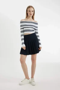 DeFacto Pleated High Waist Basic Plain Hidden Zipper Navy Blue Mini Skirt