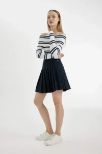 DeFacto Pleated High Waist Basic Plain Hidden Zipper Navy Blue Mini Skirt - Image 2