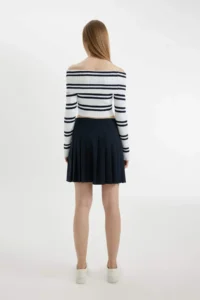 DeFacto Pleated High Waist Basic Plain Hidden Zipper Navy Blue Mini Skirt - Image 6