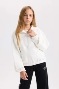 DeFacto Relax Fit Snap Fastening Stand Collar Basic Plain Sweatshirt Girl
