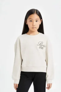 DeFacto Relax Fit Crew Neck Printed Selanik Fabric Sweatshirt Girl Child