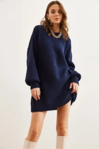 Olalook Navy Blue Crew Neck Balloon Sleeve Soft Textured Knitwear Tunic Dress - Image 4