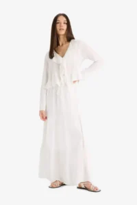 DeFacto High Waist Cotton Lined Crinkle Viscose Maxi Skirt D5033ax25sm - Image 3