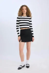 DeFacto High Waist Basic Plain Cotton Slit Lined Mini Skirt