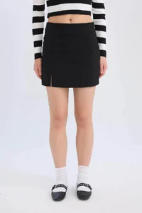 DeFacto High Waist Basic Plain Cotton Slit Lined Mini Skirt - Image 5