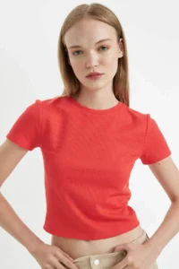 DeFacto Cool Fitted Waffle Basic Plain Short Sleeve T-Shirt