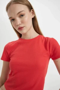 DeFacto Cool Fitted Waffle Basic Plain Short Sleeve T-Shirt - Image 4