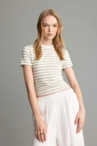 DeFacto Fitted Crew Neck Striped Short Sleeve T-Shirt - Image 2