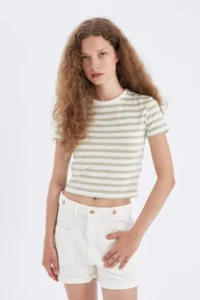 DeFacto Fitted Crew Neck Striped Short Sleeve T-Shirt - Image 4
