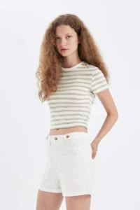 DeFacto Fitted Crew Neck Striped Short Sleeve T-Shirt - Image 7