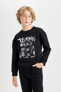 DeFacto Black Oversize Wide Fit Crew Neck Printed Sweatshirt Boy