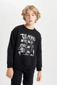 DeFacto Black Oversize Wide Fit Crew Neck Printed Sweatshirt Boy - Image 3