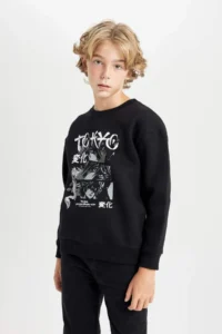 DeFacto Black Oversize Wide Fit Crew Neck Printed Sweatshirt Boy - Image 4