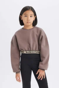 DeFacto Crop Crew Neck Printed Soft Fuzzy Sweatshirt Girl