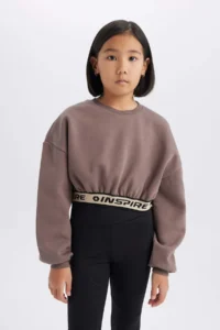DeFacto Crop Crew Neck Printed Soft Fuzzy Sweatshirt Girl - Image 3